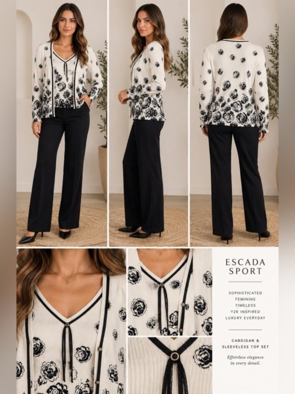 Escada Sport Silk Blend Floral Cardigan Tank Top Set Ivory Black XL Y2K